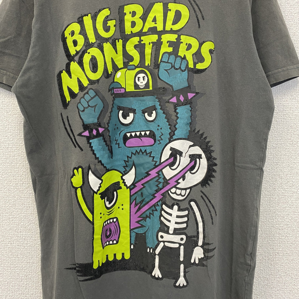 FISHBOVE　半袖プリントTシャツ　スカル　骸骨　モンスター　クルーネック　ダークグレー　Lサイズ　古着