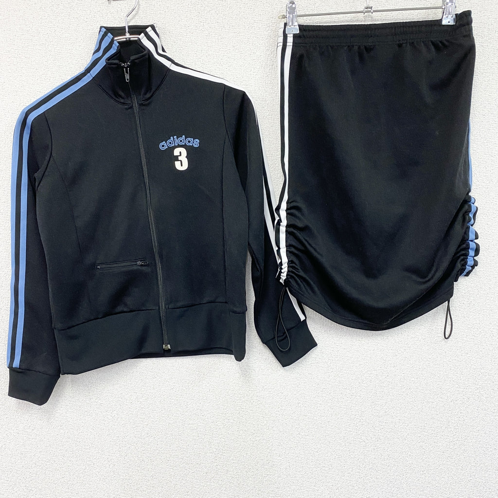 00s　adidas　アディダス　セットアップ　トラックジャケット　ジャージスカート　フロッキープリント　アーチプリント　デカロゴ　ヴィンテージ　黒　ブラック　Sサイズ　古着