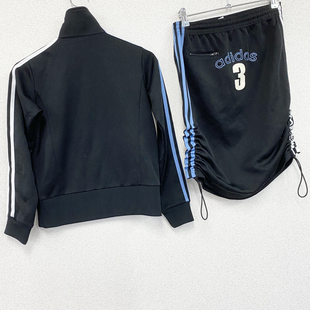 00s　adidas　アディダス　セットアップ　トラックジャケット　ジャージスカート　フロッキープリント　アーチプリント　デカロゴ　ヴィンテージ　黒　ブラック　Sサイズ　古着