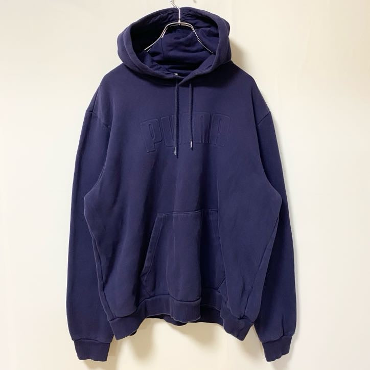 PUMA プーマ　長袖ワンポイントロゴデザインパーカー　スウェットフーディ　ネイビー　紺　前ポケット　XLサイズ　古着