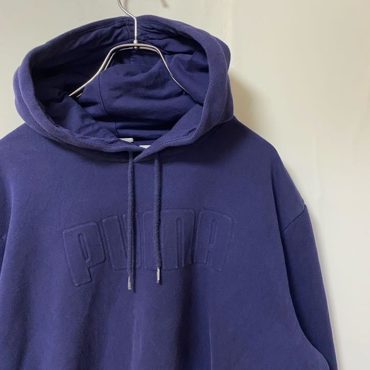 PUMA プーマ　長袖ワンポイントロゴデザインパーカー　スウェットフーディ　ネイビー　紺　前ポケット　XLサイズ　古着