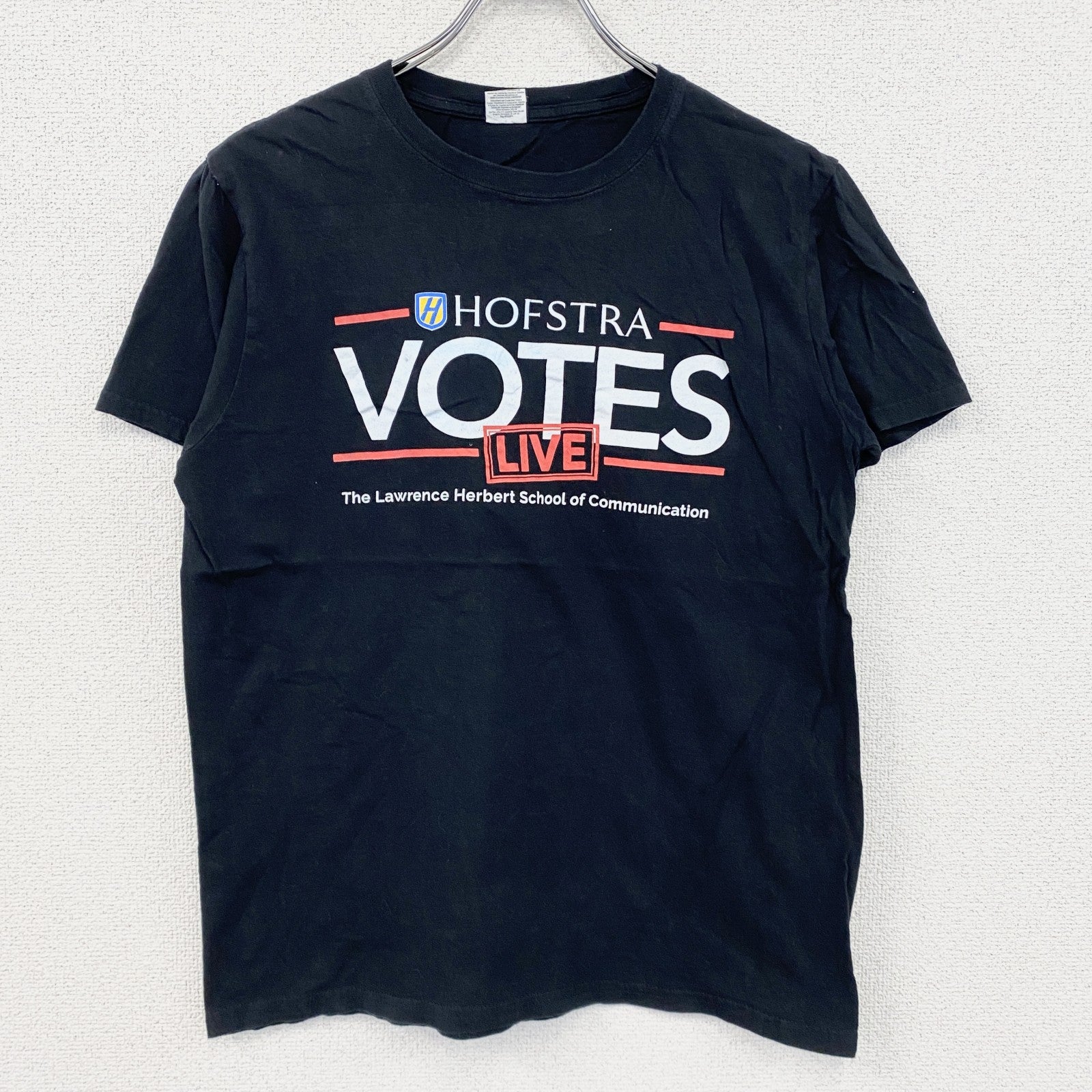 GILDAN　ギルダン　半袖プリントTシャツ　カレッジプリント　ラジオ　4連プリント　英字プリント　黒　ブラック　古着