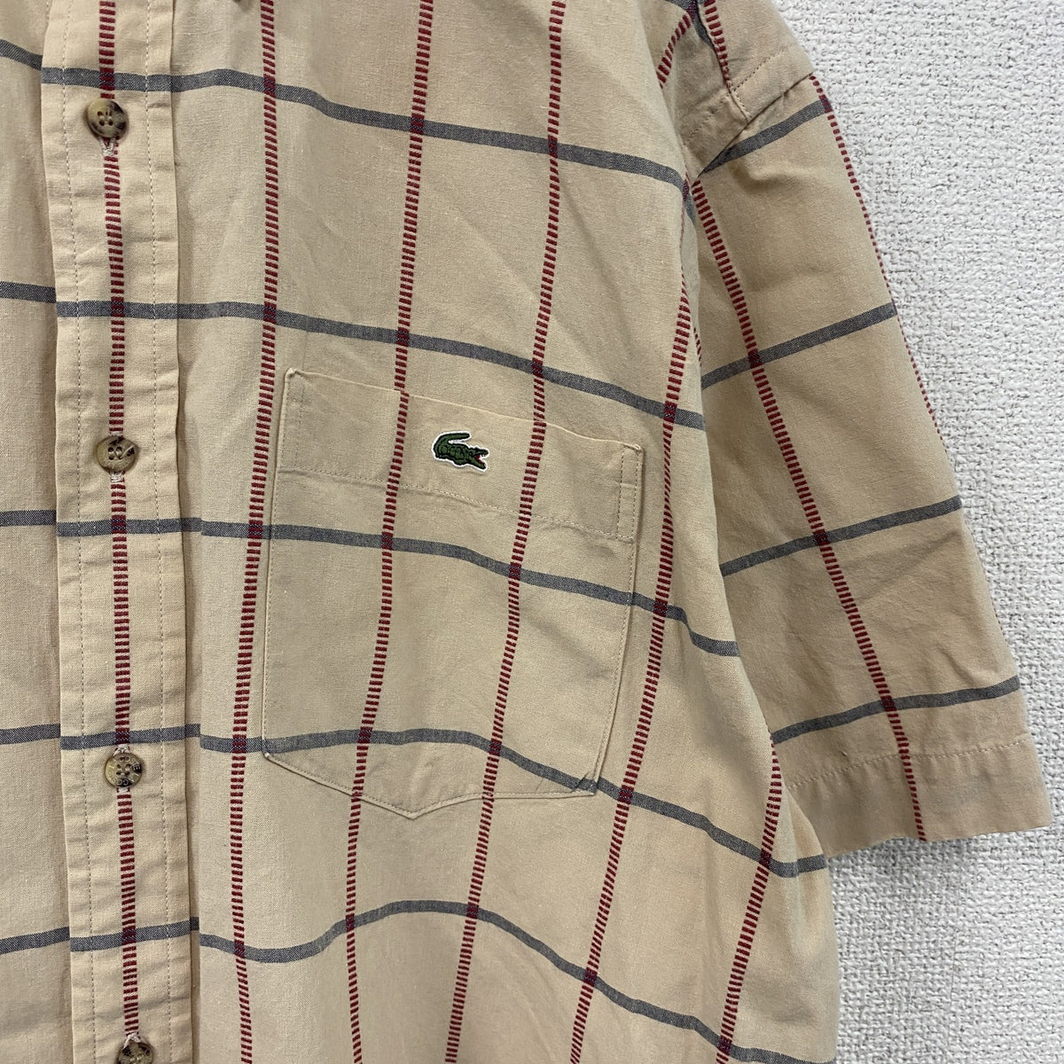 LACOSTE　ラコステ　半袖ボタンダウンシャツ　刺繍ロゴ　ワンポイント　チェック柄　ベージュ　3サイズ　古着