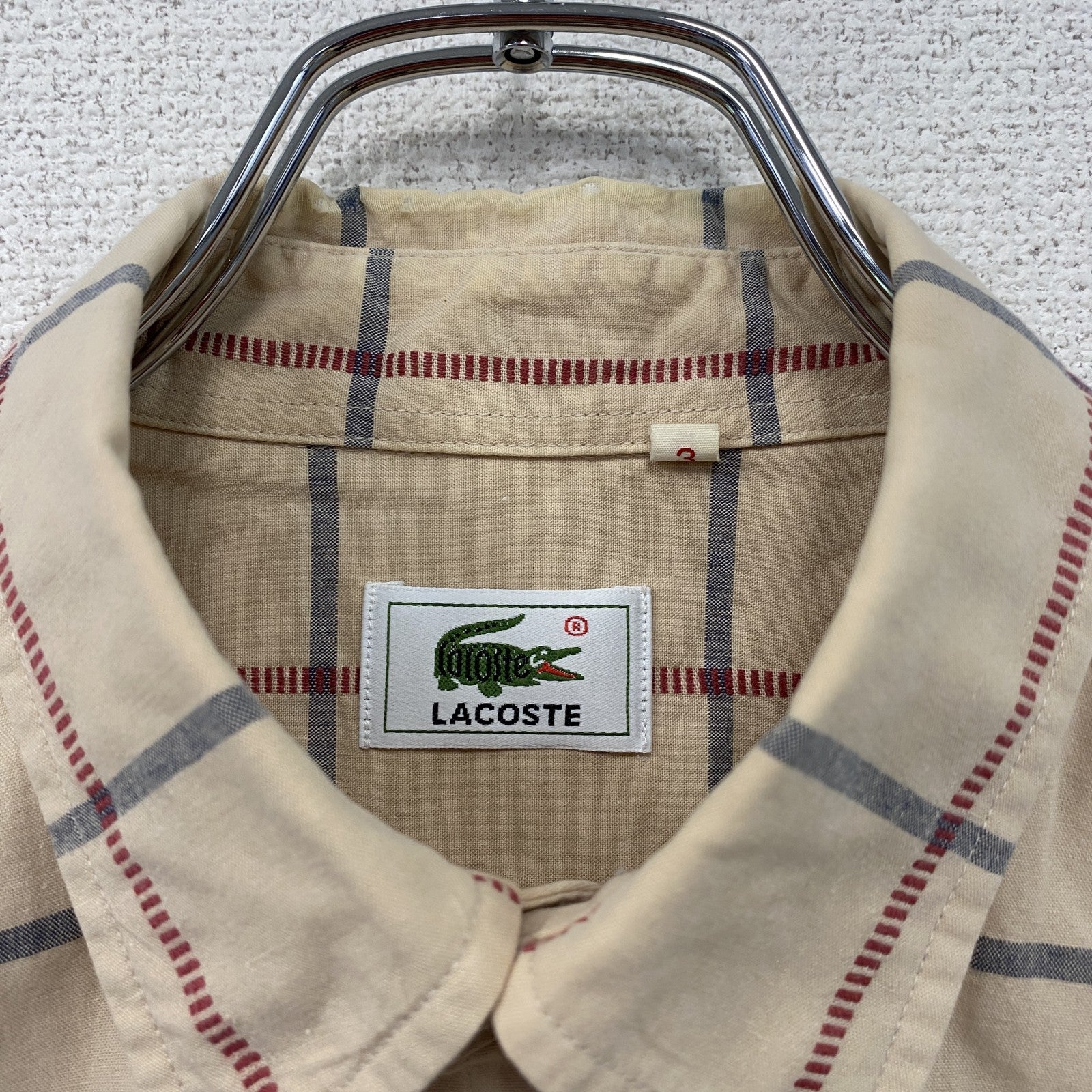 LACOSTE　ラコステ　半袖ボタンダウンシャツ　刺繍ロゴ　ワンポイント　チェック柄　ベージュ　3サイズ　古着