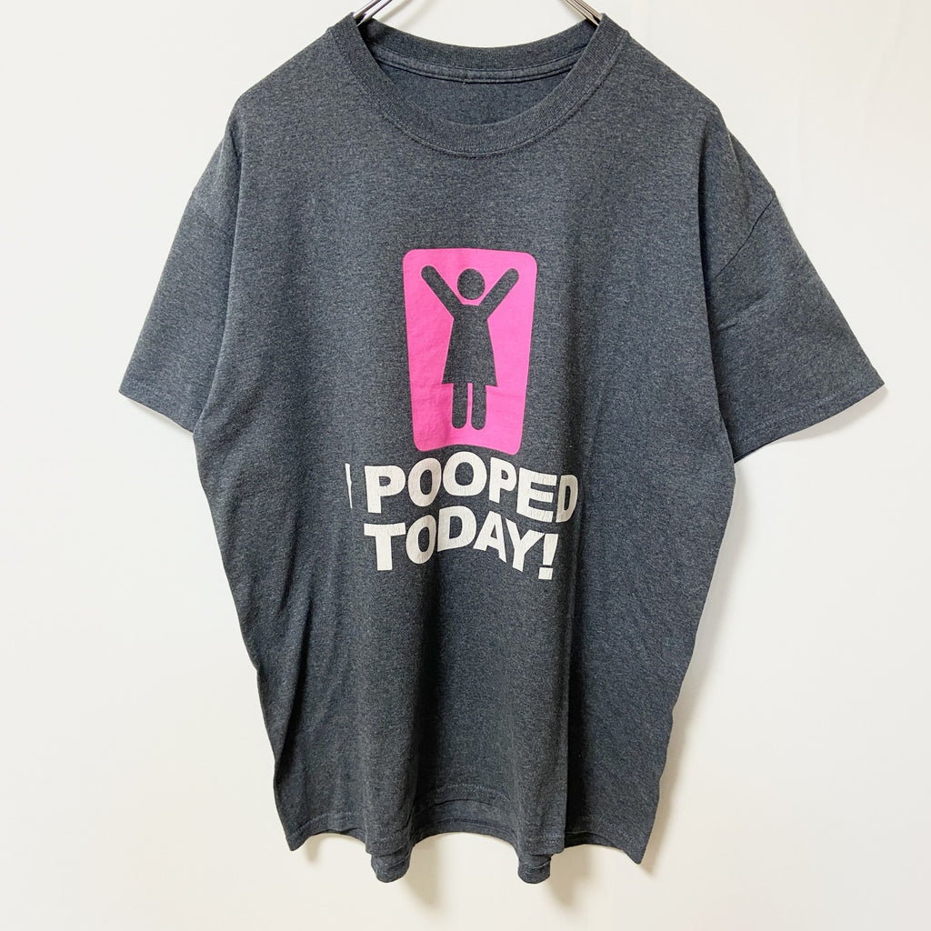 I POOPED TODAY！　半袖プリントTシャツ　グレー　灰色　クルーネック　個性的　おもしろ　ギャグT　Mサイズ　古着