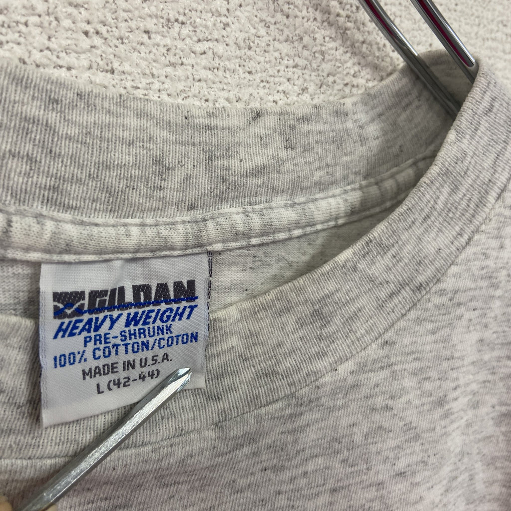 90s　GILDAN　ギルダン　半袖プリントTシャツ　シングルステッチ　霜降りグレー　Lサイズ　　ヴィンテージ　古着