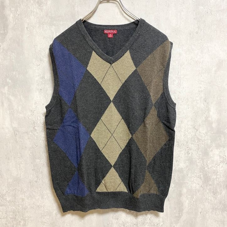 MELONA メローナ　アーガイルニットベスト　セーター　Vネック　グレー　灰色　メンズ　秋冬服　Mサイズ　古着