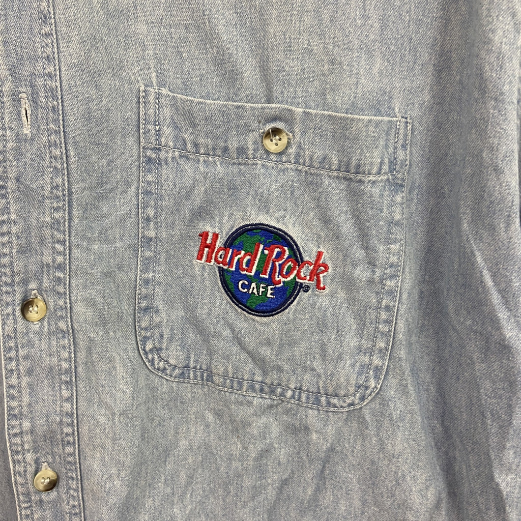 90s～　Hard Rock　ハードロック　長袖デニムシャツ　ヴィンテージ　刺繍デザイン　インディゴ　Mサイズ メンズ コットン 古着