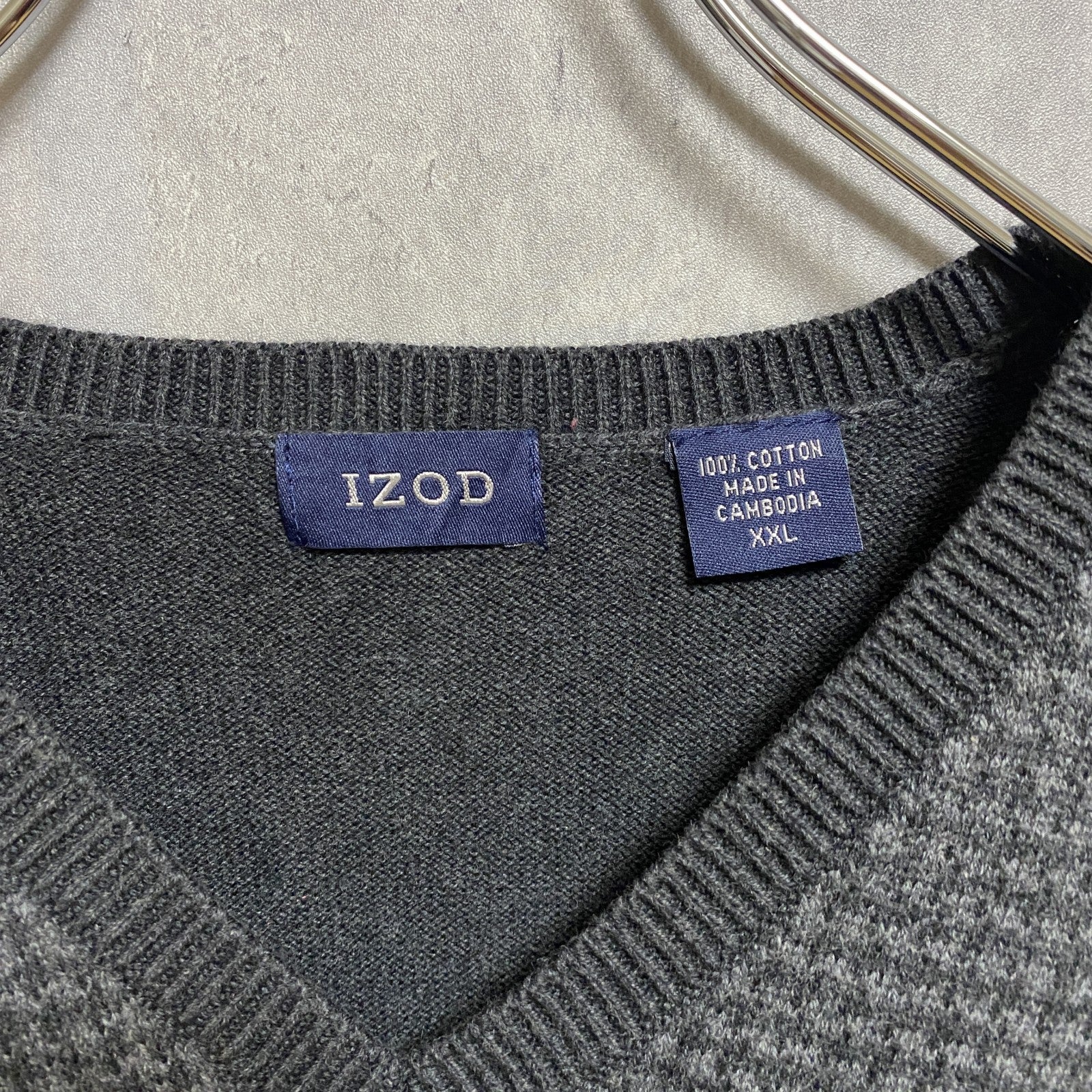IZOD　アイゾッド　Vネックコットンニットベスト　千鳥格子　ビックシルエット　灰色　グレー　XXLサイズ　古着