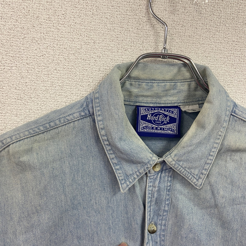 90s～　Hard Rock　ハードロック　長袖デニムシャツ　ヴィンテージ　刺繍デザイン　インディゴ　Mサイズ メンズ コットン 古着