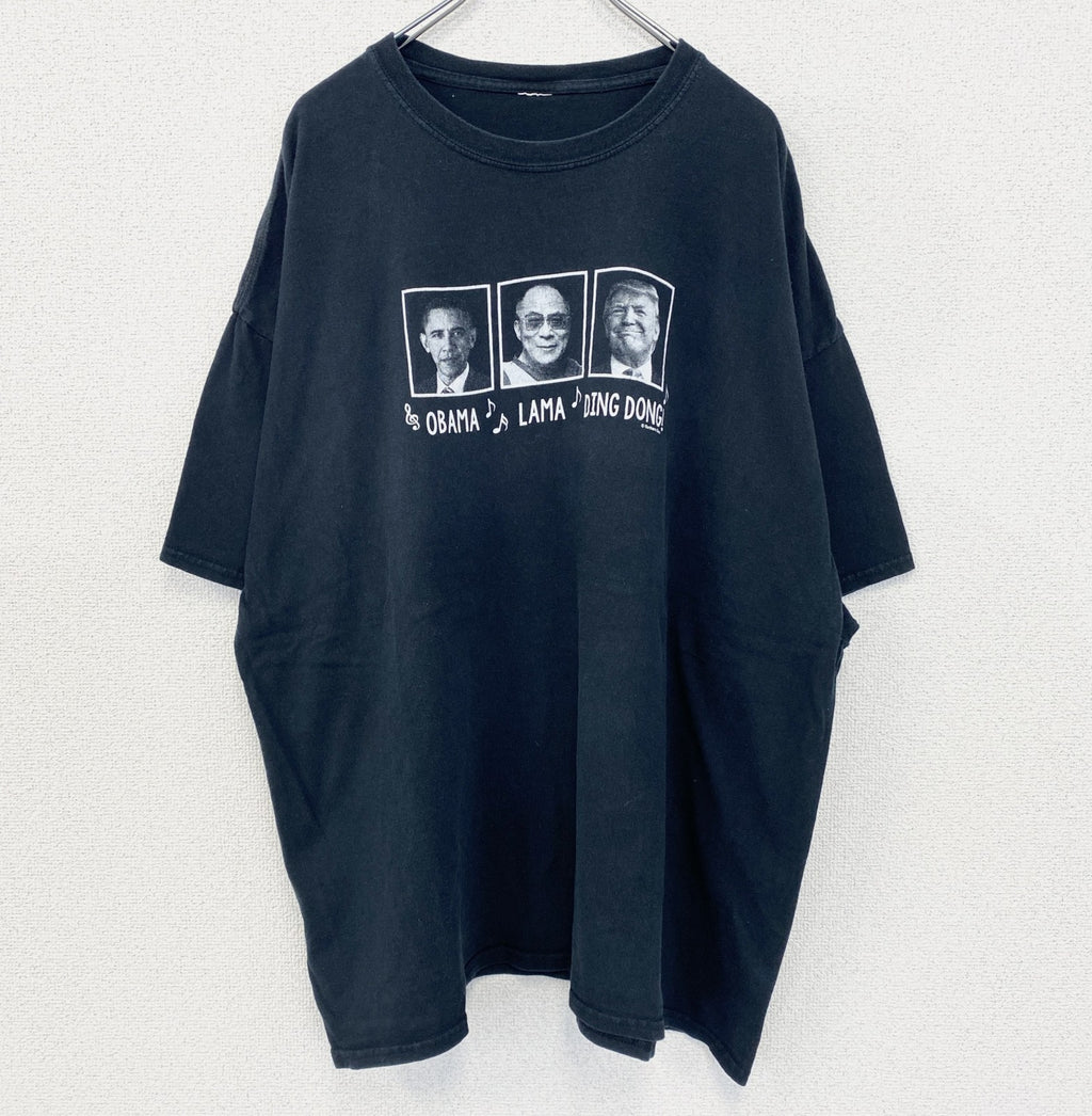 古着 used　ノーブランド　半袖デザインプリントTシャツ　アメリカ大統領　ビッグT　黒　レトロ　クルーネック　2XLサイズ
