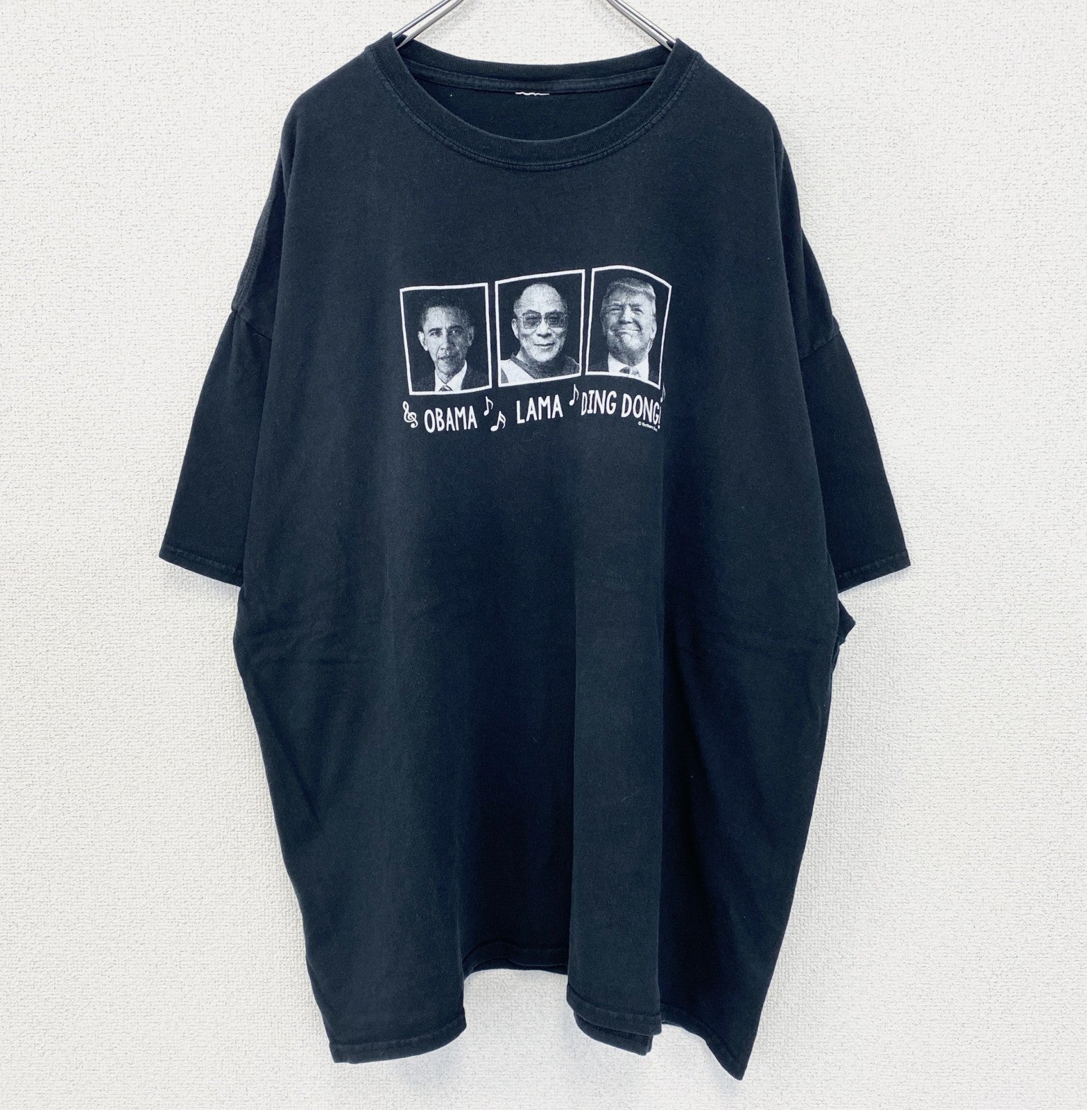 古着 used　ノーブランド　半袖デザインプリントTシャツ　アメリカ大統領　ビッグT　黒　レトロ　クルーネック　2XLサイズ