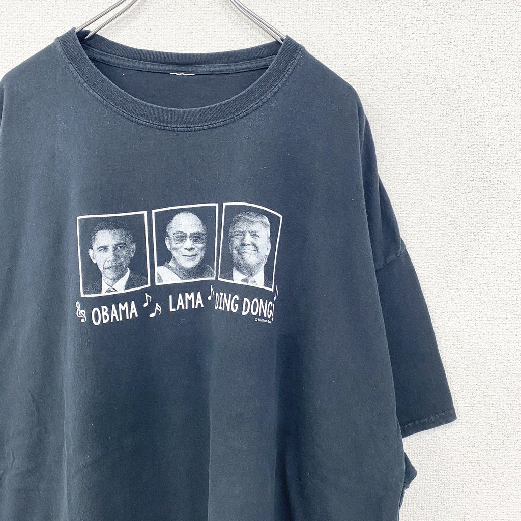 古着 used　ノーブランド　半袖デザインプリントTシャツ　アメリカ大統領　ビッグT　黒　レトロ　クルーネック　2XLサイズ