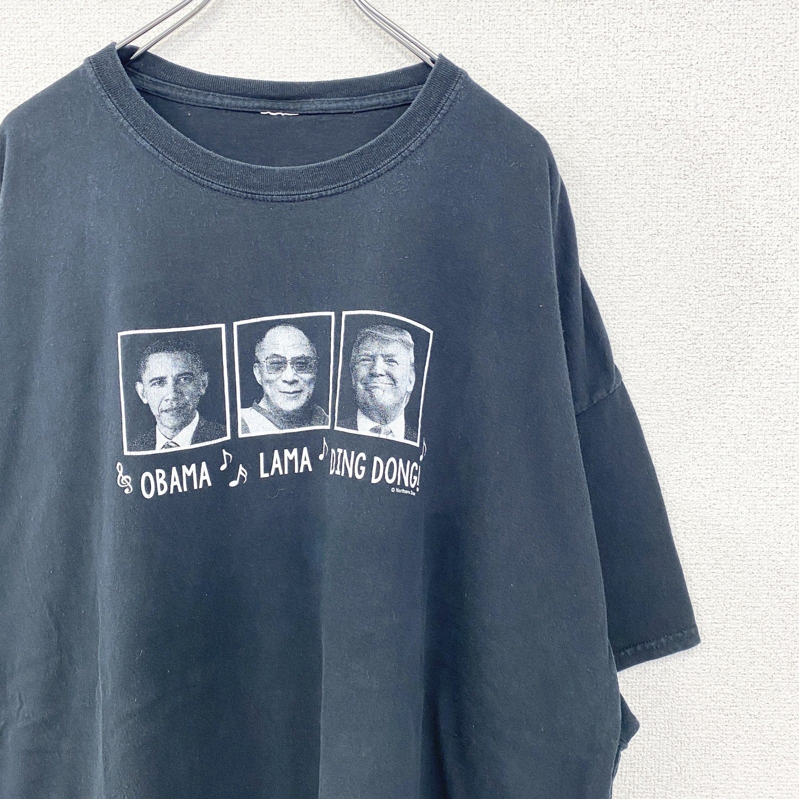 古着 used　ノーブランド　半袖デザインプリントTシャツ　アメリカ大統領　ビッグT　黒　レトロ　クルーネック　2XLサイズ