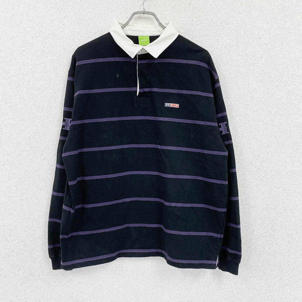 HUF　ハフ　長袖ポロシャツ　ラガーシャツ　ボーダー柄　黒　ブラック　紫　パープル　Lサイズ　古着