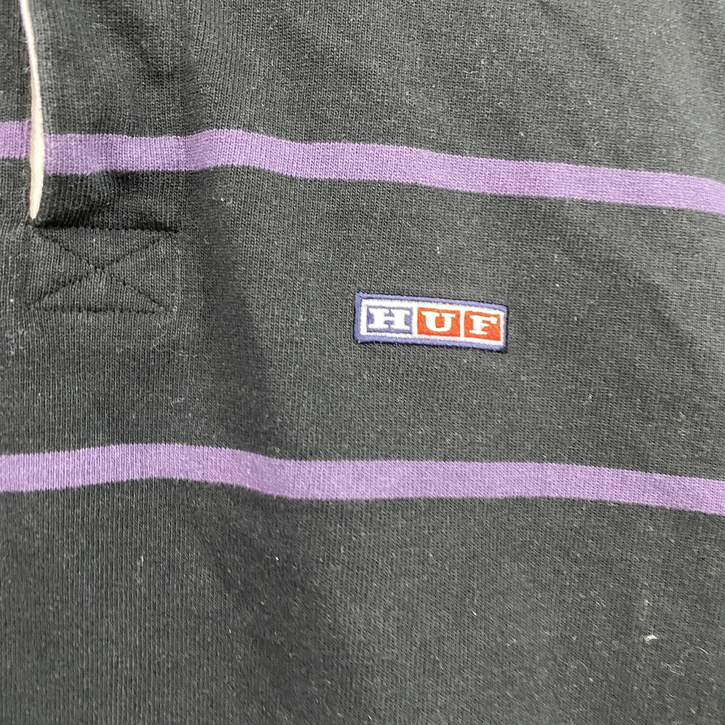 HUF　ハフ　長袖ポロシャツ　ラガーシャツ　ボーダー柄　黒　ブラック　紫　パープル　Lサイズ　古着
