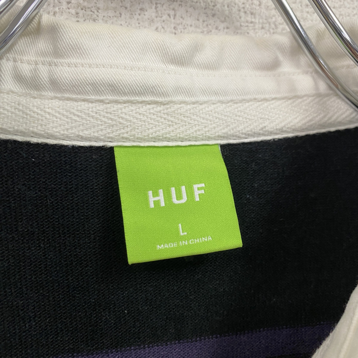 HUF　ハフ　長袖ポロシャツ　ラガーシャツ　ボーダー柄　黒　ブラック　紫　パープル　Lサイズ　古着