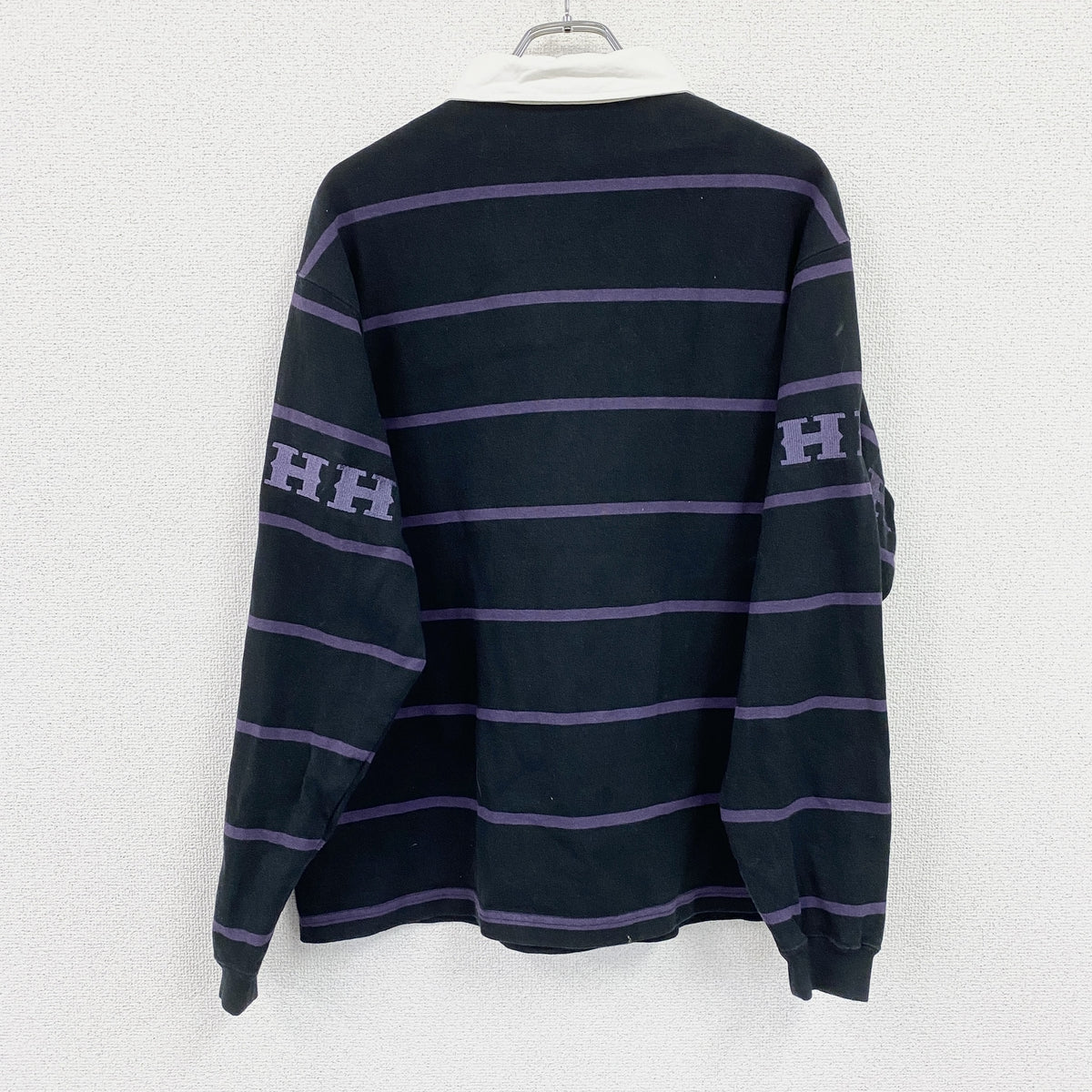 HUF　ハフ　長袖ポロシャツ　ラガーシャツ　ボーダー柄　黒　ブラック　紫　パープル　Lサイズ　古着