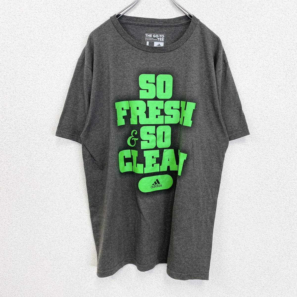 adidas　アディダス　半袖クルーネックプリントTシャツ　SO FRESH＆SO CLEAR　グレー　灰色　Lサイズ　古着