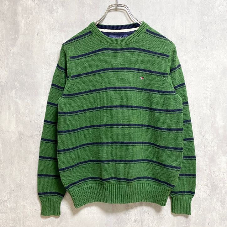TOMMYHILFIGER　トミーヒルフィガー　長袖ボーダー柄ニット　セーター　ワンポイント刺繍　緑　グリーン　Sサイズ　古着