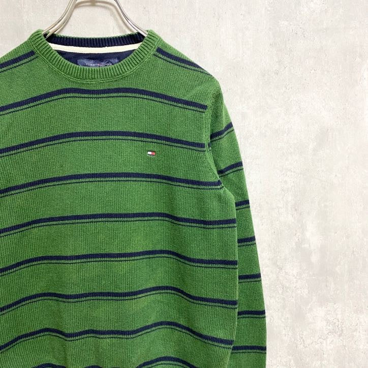 TOMMYHILFIGER　トミーヒルフィガー　長袖ボーダー柄ニット　セーター　ワンポイント刺繍　緑　グリーン　Sサイズ　古着