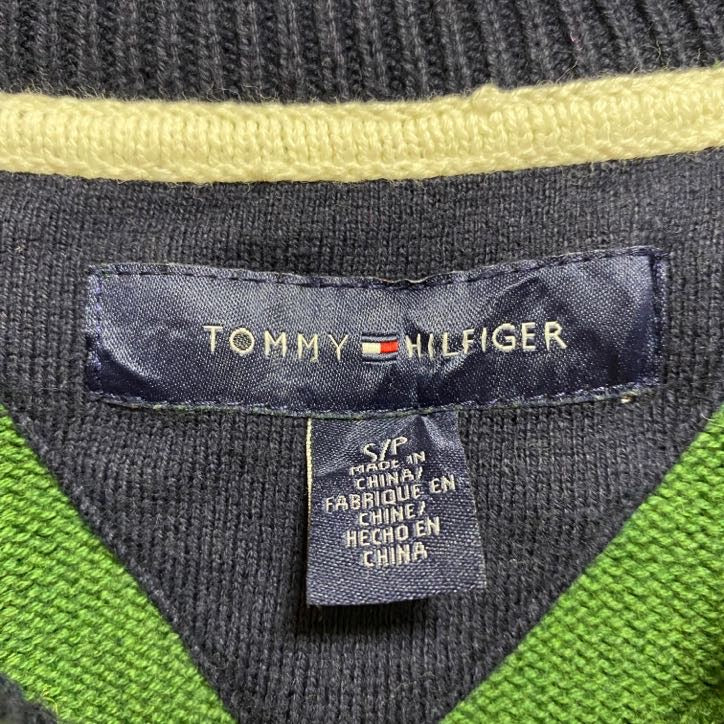 TOMMYHILFIGER　トミーヒルフィガー　長袖ボーダー柄ニット　セーター　ワンポイント刺繍　緑　グリーン　Sサイズ　古着