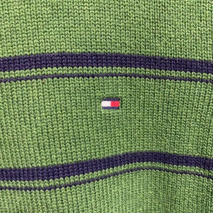 TOMMYHILFIGER　トミーヒルフィガー　長袖ボーダー柄ニット　セーター　ワンポイント刺繍　緑　グリーン　Sサイズ　古着