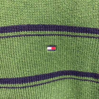 古着 used　TOMMYHILFIGER　トミーヒルフィガー　長袖ボーダー柄ニット　セーター　ワンポイント刺繡　緑　Sサイズ