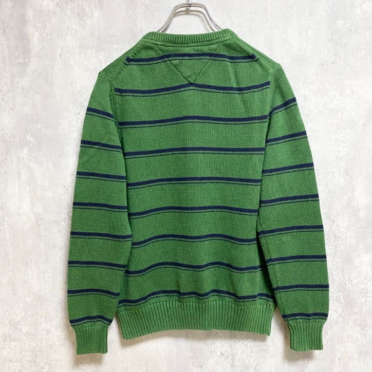 TOMMYHILFIGER　トミーヒルフィガー　長袖ボーダー柄ニット　セーター　ワンポイント刺繍　緑　グリーン　Sサイズ　古着