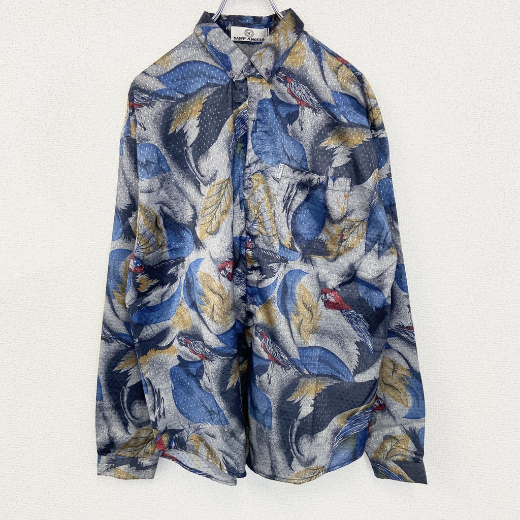 SANT ENGELO　長袖プリント柄シャツ　鳥　羽　光沢感　総柄　レトロ　カジュアルデザイン　シルバー　Lサイズ　古着