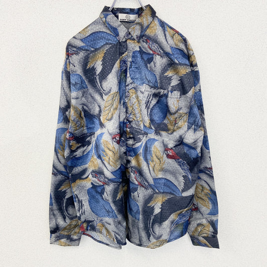 古着 used　SANT ENGELO　長袖プリント柄シャツ　鳥　羽　光沢感　総柄　レトロ　カジュアルデザイン　シルバー　Lサイズ