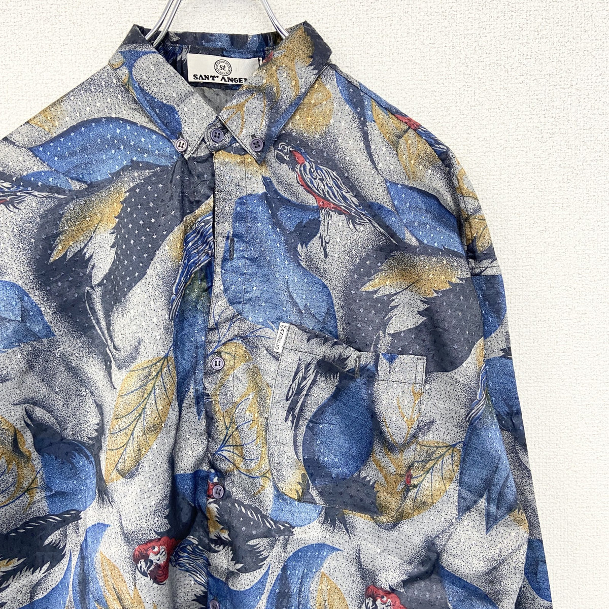 SANT ENGELO　長袖プリント柄シャツ　鳥　羽　光沢感　総柄　レトロ　カジュアルデザイン　シルバー　Lサイズ　古着