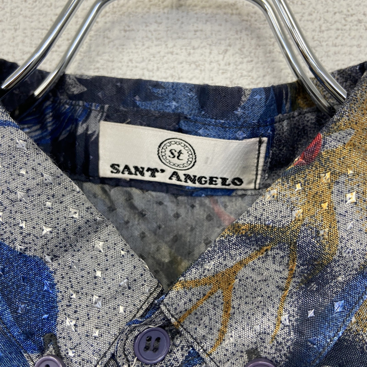 SANT ENGELO　長袖プリント柄シャツ　鳥　羽　光沢感　総柄　レトロ　カジュアルデザイン　シルバー　Lサイズ　古着