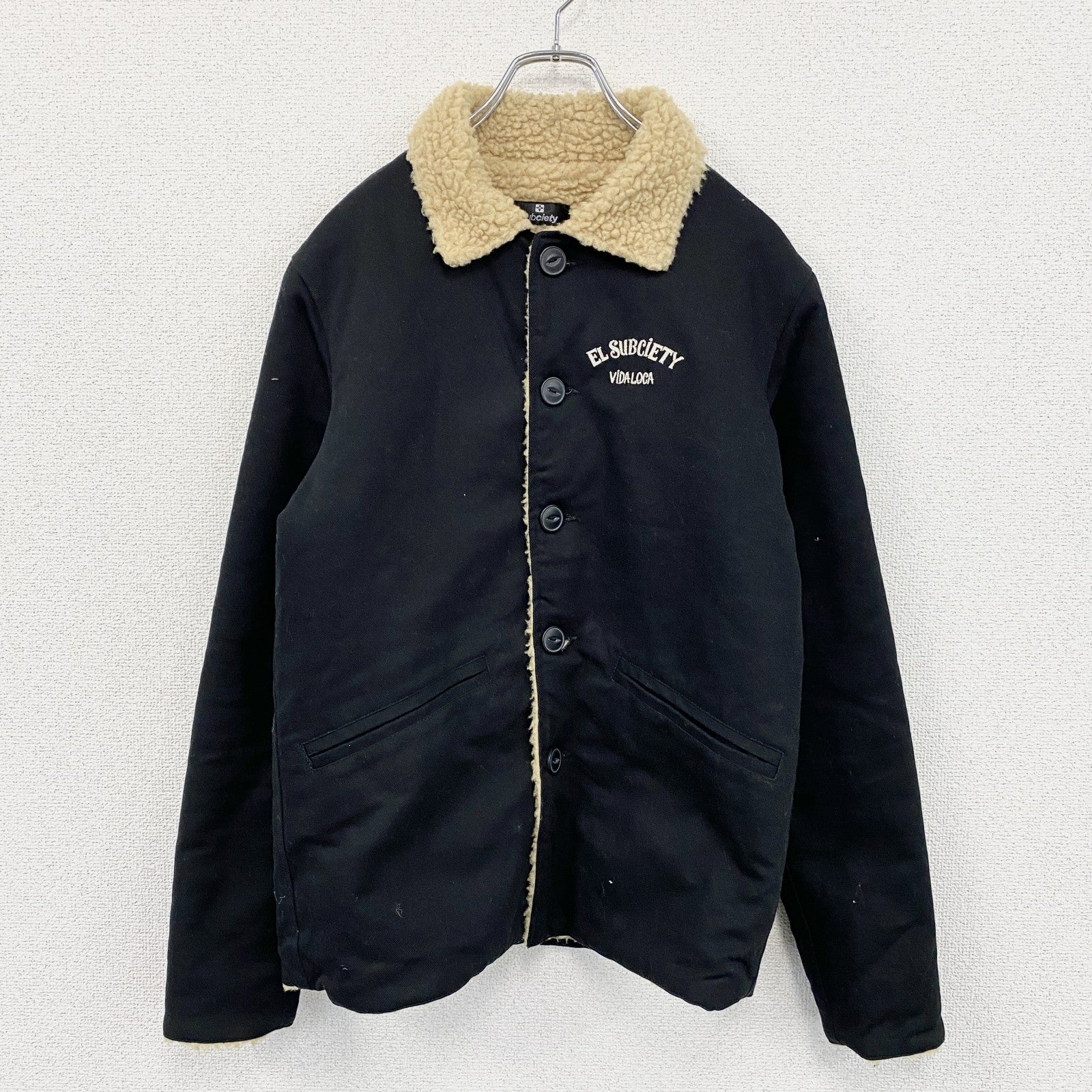 Subciety　サブサエティ　フリースジャケット/ボアデッキジャケット　アーチプリント　黒　ブラック　Mサイズ　古着