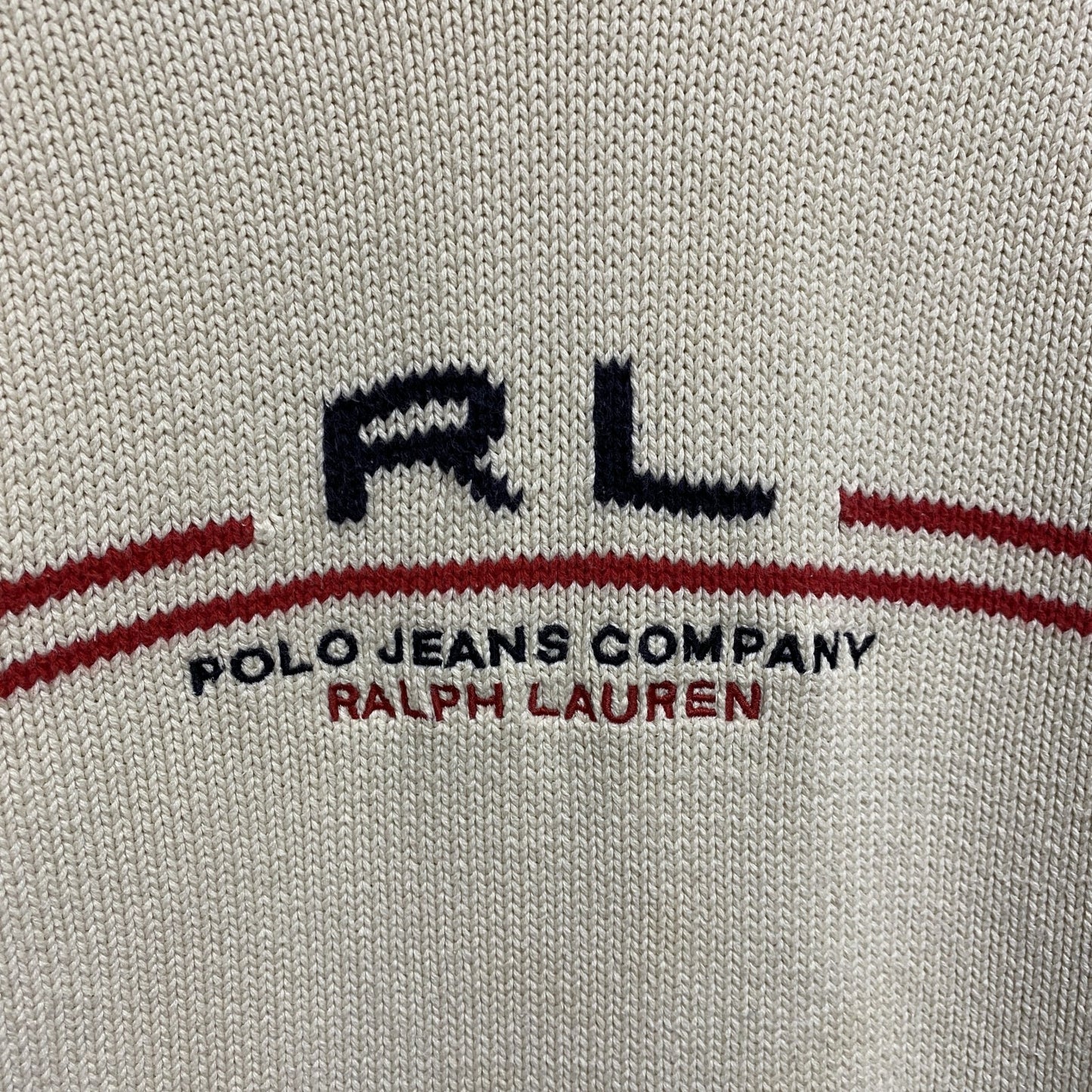 古着 used　POLOJEANSCOMPANY　ポロジーンズカンパニー　長袖Vネックニット　ロゴ刺繍　白　ホワイト　Lサイズ