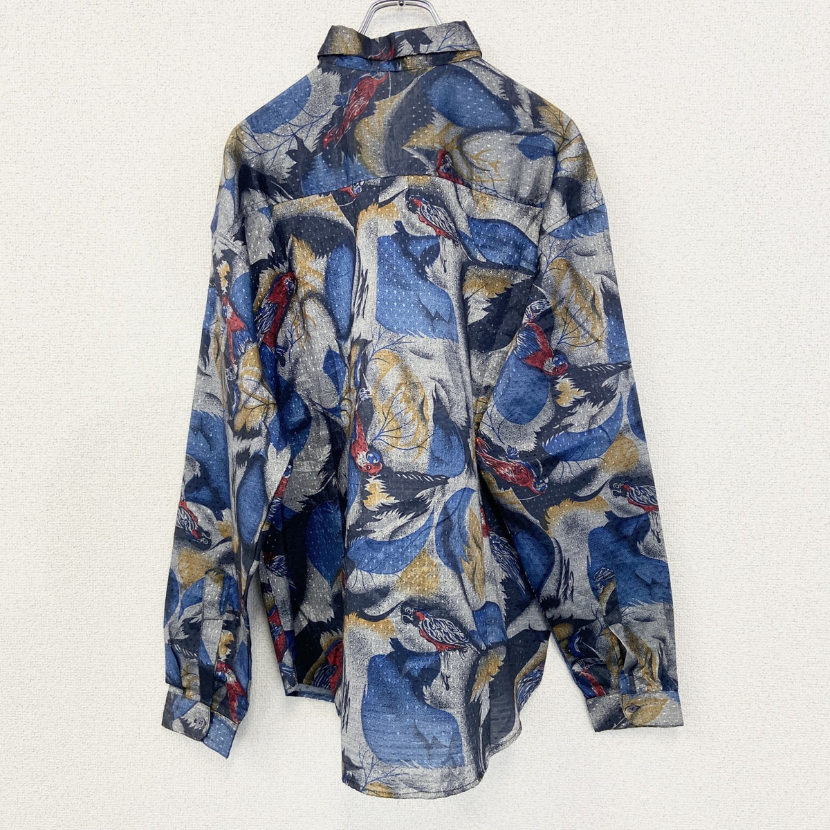 SANT ENGELO　長袖プリント柄シャツ　鳥　羽　光沢感　総柄　レトロ　カジュアルデザイン　シルバー　Lサイズ　古着