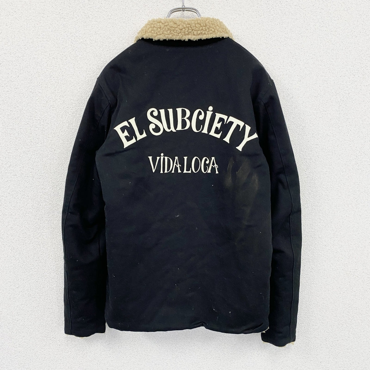 Subciety　サブサエティ　フリースジャケット/ボアデッキジャケット　アーチプリント　黒　ブラック　Mサイズ　古着