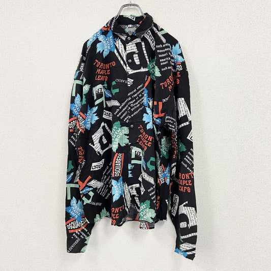 CARDCHE　長袖総柄デザインシャツ　マルチカラー　黒　ブラック　XLサイズ