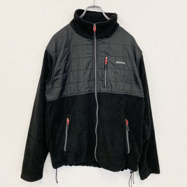 Reebok　リーボック　長袖異素材切り替えフリースジャケット　ハイネックアウター　ロゴプリント　黒　ブラック　古着