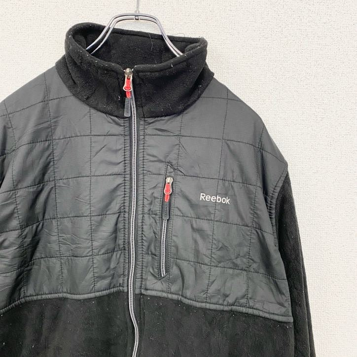 Reebok　リーボック　長袖異素材切り替えフリースジャケット　ハイネックアウター　ロゴプリント　黒　ブラック　古着