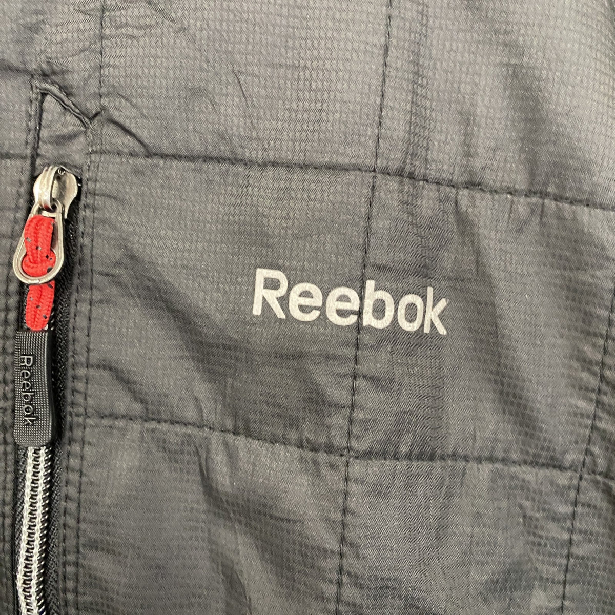 Reebok　リーボック　長袖異素材切り替えフリースジャケット　ハイネックアウター　ロゴプリント　黒　ブラック　古着