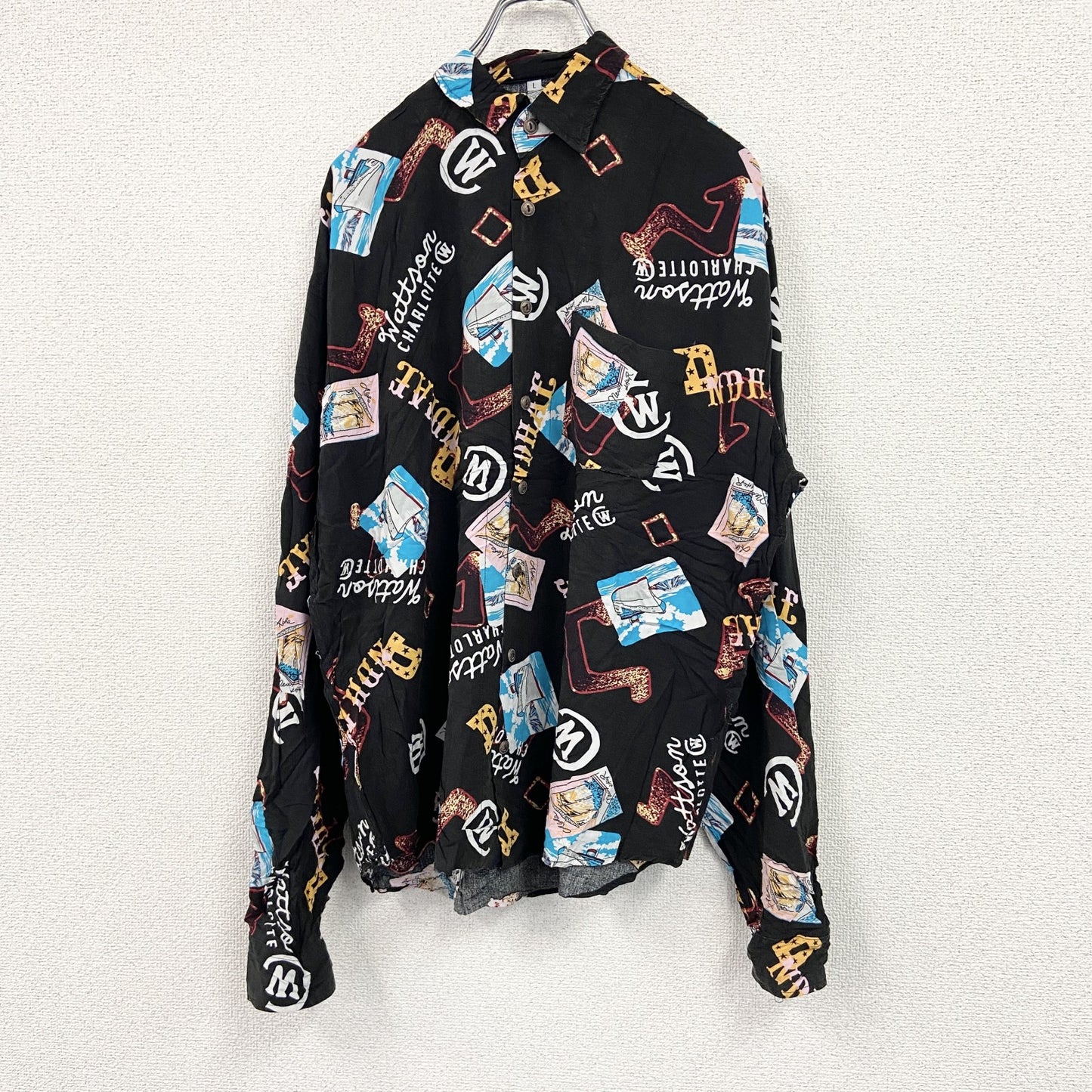 CARDCHE　長袖総柄デザインシャツ　黒　ブラック　Lサイズ