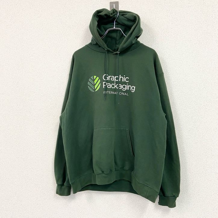 Champion　チャンピオン　スウェットパーカー/フーディー　3連プリント　緑　グリーン　XLサイズ トレーナー スウェットトップス フード付き 古着