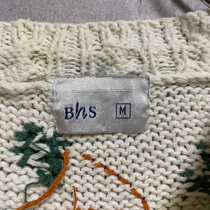 古着 used　BhS　長袖アニマル柄刺繍ニット　セーター　クルーネック　動物　トナカイ　鳥　白　ホワイト　個性的　Mサイズ