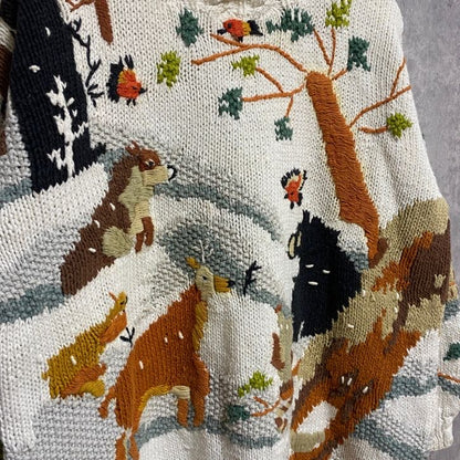 古着 used　BhS　長袖アニマル柄刺繍ニット　セーター　クルーネック　動物　トナカイ　鳥　白　ホワイト　個性的　Mサイズ