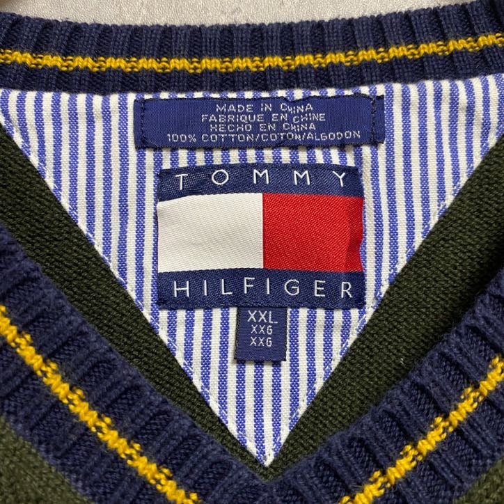 古着 used　90s　TOMMYHILFIGER　トミーヒルフィガー　長袖Vネックベスト　刺繍　緑　ヴィンテージ　XXLサイズ