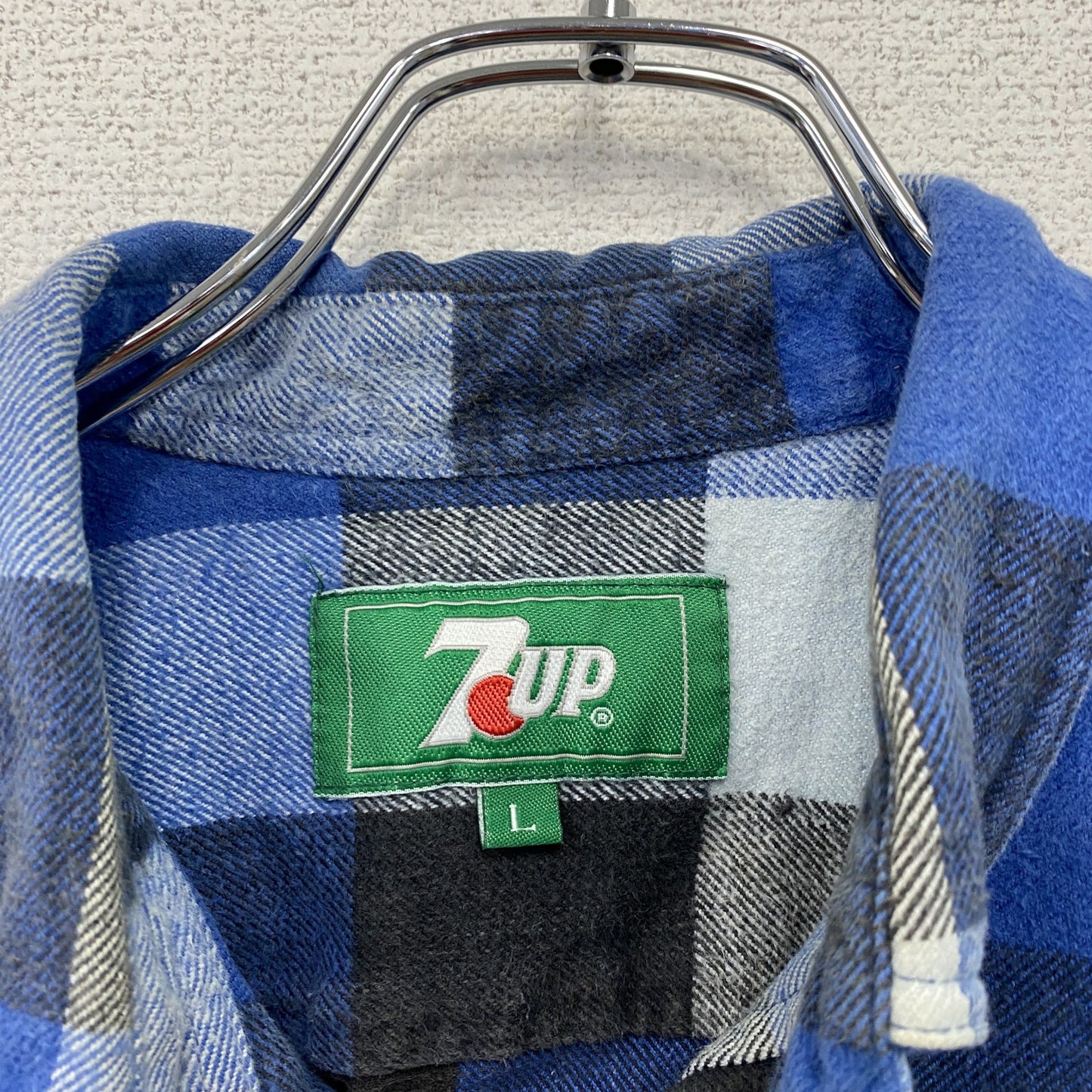 ～00s　7UP　セブンアップ　長袖ネルシャツ　ボタンダウンシャツ　ブロックチェック　ヴィンテージ　青　ブルー　Lサイズ