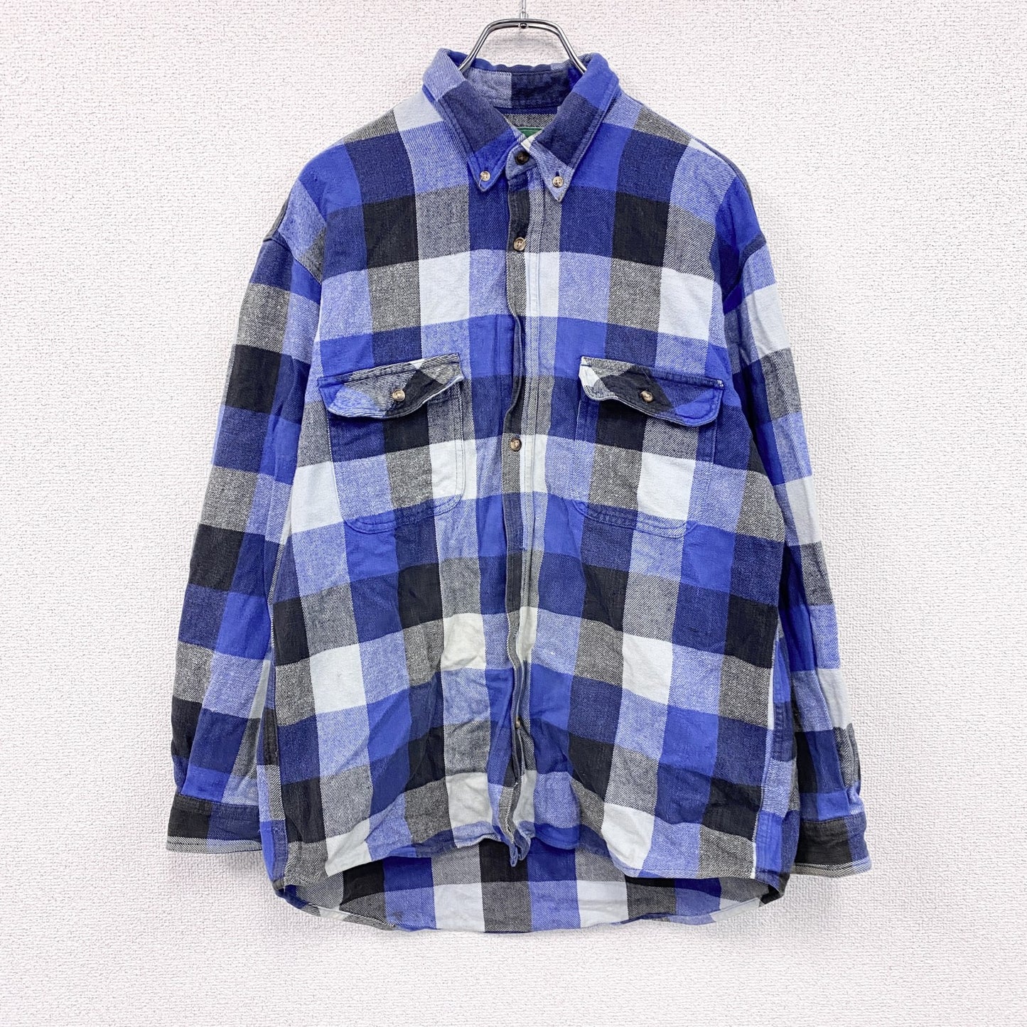 ～00s　7UP　セブンアップ　長袖ネルシャツ　ボタンダウンシャツ　ブロックチェック　ヴィンテージ　青　ブルー　Lサイズ
