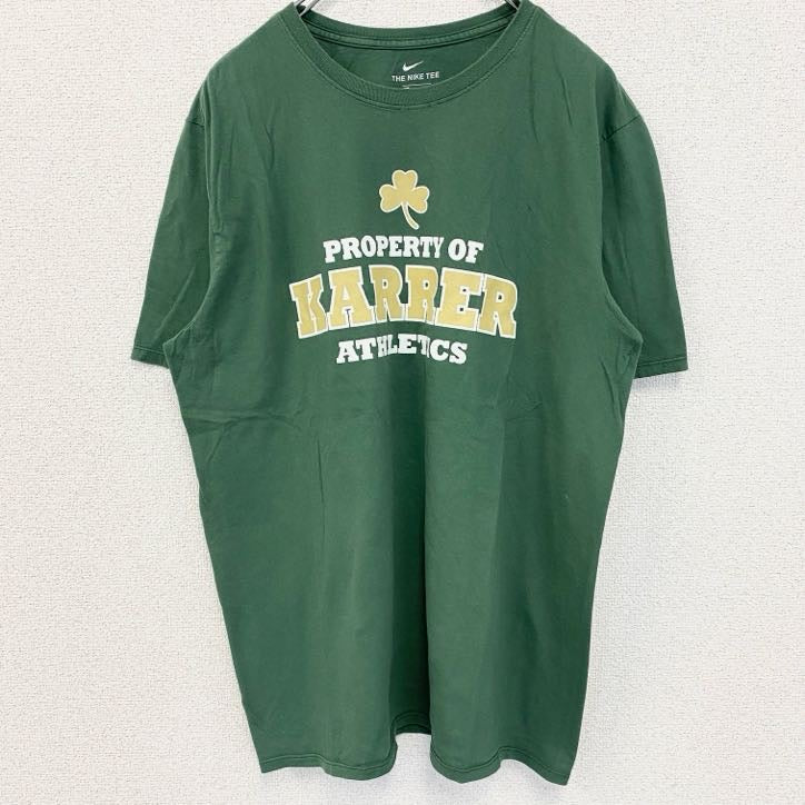 NIKE　ナイキ　半袖プリントTシャツ　緑　グリーン　スウッシュマーク　KARRER　三つ葉　クルーネック　Lサイズ　古着