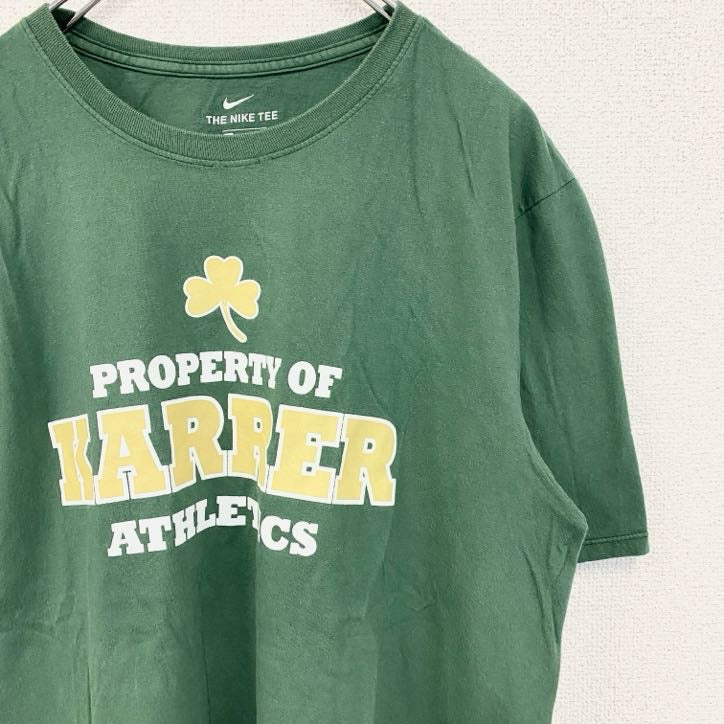 NIKE　ナイキ　半袖プリントTシャツ　緑　グリーン　スウッシュマーク　KARRER　三つ葉　クルーネック　Lサイズ　古着